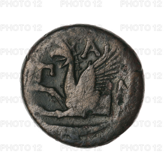 bronze coin, Pantikapaion; obv.: head of a bearded Satyr without a wreath to the right; rev.: protoma of an eagle-headed griffin to the left, at the bottom a sturgeon to the left, letters on the sides and top; protoma of a griffin (iconographic); head of a Satyr (iconographic); Satyr (mythological); griffins; fish; sturgeons; Black Sea; 330–315 BC; Cimmerian Bosporus; Pantikapaion; coin; weight 7.86 g; axis 330°; dimensions 20.8 × 21.6 mm