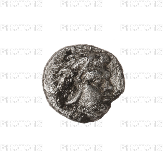 Triobol, Pantikapaion; obverse: head of beardless Satyr to right; reverse: lion with raised forepaw and tail lying to right; inscription in the field; 330–315 BC; Cimmerian Bosporus, Pantikapaion; coin; weight 1.90 g; diameters 13.8 mm and 14.6 mm; iconography: Satyr (mythology), lions; maker/date details: 330–315 BC; material: (ancient Greek coin, likely silver).
