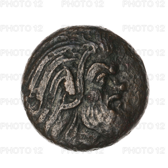 bronze coin, Pantikapaion, protoma of a griffin (iconographic), head of a Satyr (iconographic), Black Sea; Satyr (mythology), griffins, fish, sturgeons, provenance; obv.: head of a bearded Satyr without a wreath to the right; rw.: protoma of an eagle-headed griffin to the left, sturgeon at the bottom to the left, letters on the sides and top; 330–315 BC, Cimmerian Bosporus, Pantikapaion; coin, weight 8.85 g; diameter 21.2–21.5 mm