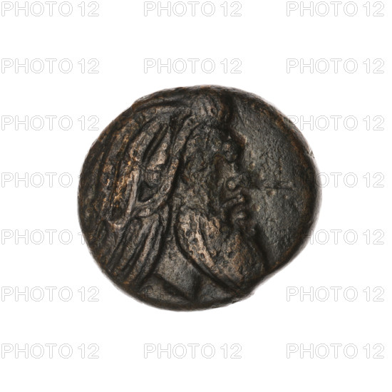 bronze coin, Pantikapaion; obv.: head of a bearded Satyr without a wreath to the right; rev.: protoma of an eagle-headed griffin to the left, at the bottom a sturgeon to the left, letters on the sides and top; iconography: protoma of a griffin, head of a Satyr; motifs: Satyr (mythology), griffins, fish, sturgeons; date: 330–315 BC; place: Cimmerian Bosporus, Pantikapaion; material: bronze; function: coin; weight: 7.37 g; dimensions: 19.9 mm × 21.1 mm