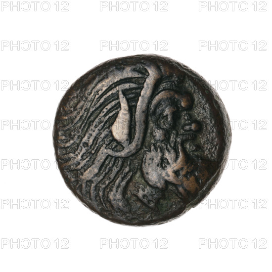 Bronze coin, Pantikapaion; obverse: head of bearded Satyr without wreath facing right; reverse: eagle-headed griffin protoma facing left, sturgeon at lower left; inscriptions/letters on sides and top; iconography: griffin protoma, Satyr's head; subjects: Satyr (mythology), griffins, fish/sturgeon; date: 330–315 BC; region: Cimmerian Bosporus (Pantikapaion); weight 7.28 g; diameter ~20.1–20.5 mm.