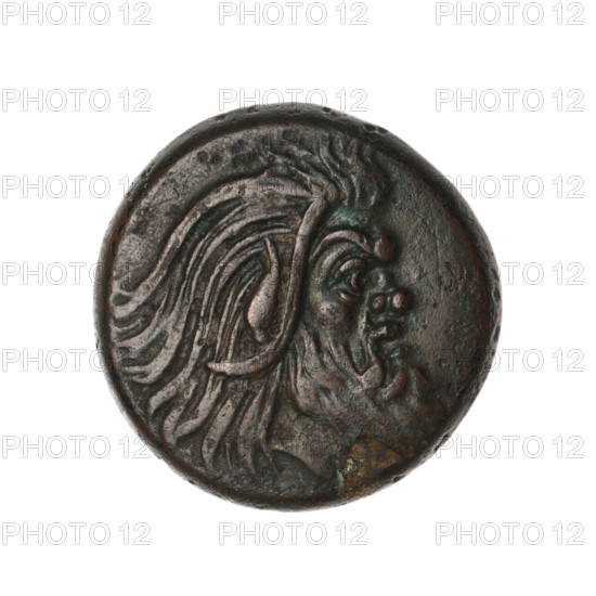 Bronze coin from Pantikapaion (Cimmerian Bosporus), 330–315 BC. Obverse: head of a bearded Satyr without a wreath facing right. Reverse: protoma of an eagle-headed griffin facing left; at the bottom a sturgeon facing left; letters on the sides and top. Iconography: protoma of a griffin, head of a Satyr, sturgeons. Coin; weight 7.12 g; diameter 22.1 mm.
