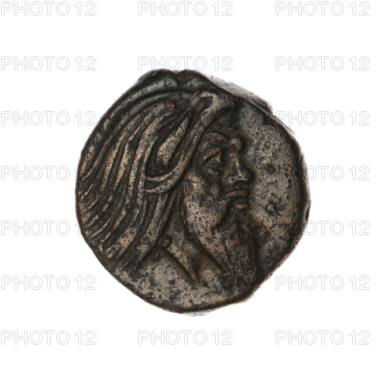 bronze coin, Pantikapaion; protoma of a griffin (iconographic); head of a Satyr (iconographic); Satyr (mythology), griffins, fish, sturgeons; obv.: head of a bearded Satyr without a wreath to the right; rev.: protoma of an eagle-headed griffin to the left, at the bottom a sturgeon to the left, letters on the sides and top; 330–315 BC; Cimmerian Bosporus, Pantikapaion; coin; weight 7.02 g; diameter ca. 21.4 mm x 20.5 mm