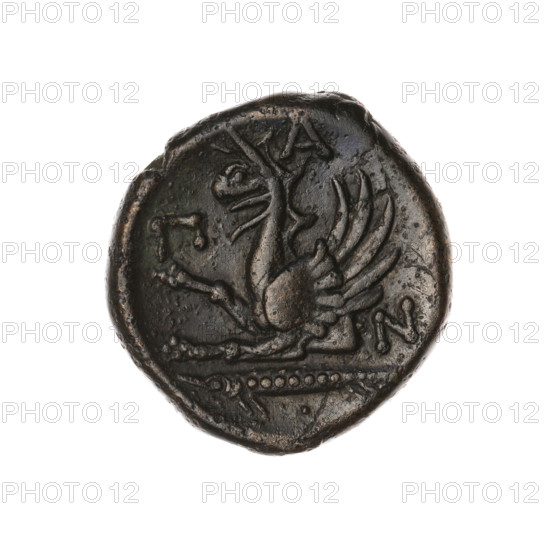 Bronze coin, Pantikapaion; obv.: head of a bearded Satyr without a wreath facing right; rev.: protoma of an eagle-headed griffin facing left, with a sturgeon below left and letters at sides and top. Iconography: protoma of a griffin, head of a Satyr; motifs include satyr, griffins, fish, sturgeons. Date: 330–315 BC. Place: Cimmerian Bosporus, Pantikapaion. Material: bronze. Function: coin. Weight: 7.02 g. Dimensions: 21.4 mm and 20.5 mm. Maker/inscription: Terlecki, Ignacy (1860–1916) mentioned.