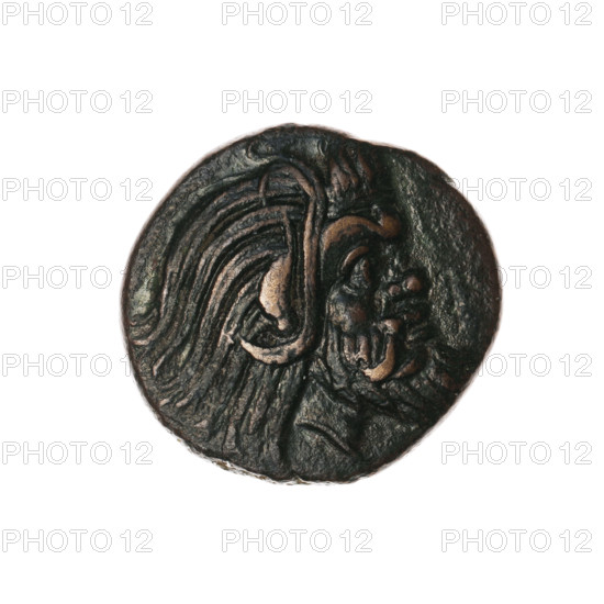 bronze coin, Pantikapaion; protoma of a griffin (iconographic); head of a Satyr (iconographic); Satyr (mythology); griffins; fish; sturgeons. Obverse: head of a bearded Satyr without a wreath to the right. Reverse: protoma of an eagle-headed griffin to the left; at the bottom a sturgeon to the left; letters on the sides and top. Date: 330–315 BC. Place: Cimmerian Bosporus, Pantikapaion. Object type: coin. Weight: 6.85 g. Dimensions: 20.2 mm; 21.5 mm.