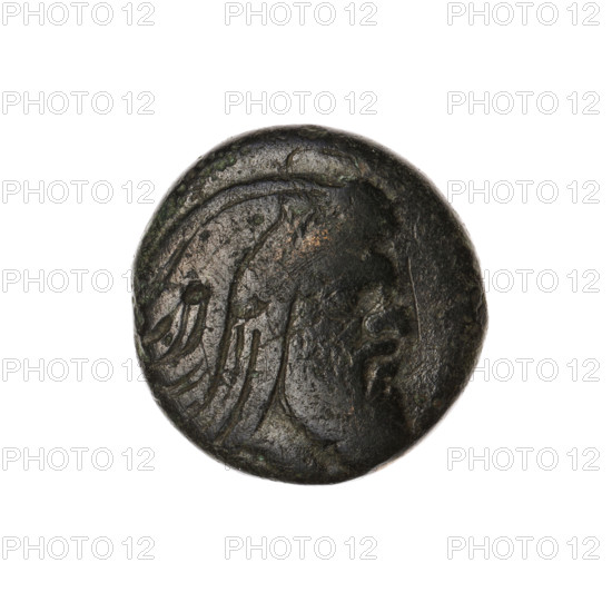 bronze coin, Pantikapaion; protoma of a griffin (iconographic); head of a Satyr (iconographic); Satyr (mythology); griffins; fish, sturgeons; obv.: head of a bearded Satyr without a wreath to the right; rev.: protoma of an eagle-headed griffin to the left, at the bottom a sturgeon to the left, letters on the sides and top; 330–315 BC; Cimmerian Bosporus, Pantikapaion; coin; weight 6.58 g; axis 120°; diameter 19.9–20 mm