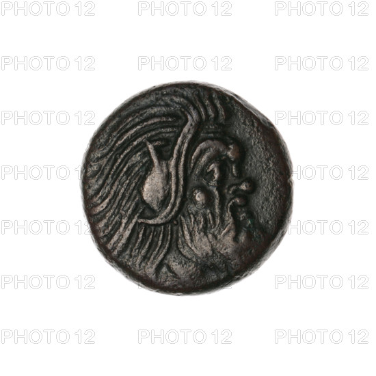 bronze coin, Pantikapaion; obv.: head of a bearded Satyr without a wreath to the right; rev.: protoma of an eagle-headed griffin to the left, at the bottom a sturgeon to the left; letters on the sides and top; iconography: protoma of a griffin, head of a Satyr, griffins, fish, sturgeons; mythology: Satyr; Black Sea; Cimmerian Bosporus, Pantikapaion; 330–315 BC; coin; weight 6.52 g; diameter ca. 19.2 mm.
