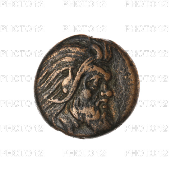 bronze coin, Pantikapaion; obverse: head of a bearded Satyr without a wreath facing right; reverse: protoma of an eagle-headed griffin facing left, a sturgeon below left, letters at sides and top; iconography: protoma of a griffin, head of a Satyr, fish (sturgeon); date: 330–315 BC; region: Cimmerian Bosporus; city: Pantikapaion; weight: 6.50 g; diameters: 20.4 mm and 20.8 mm.