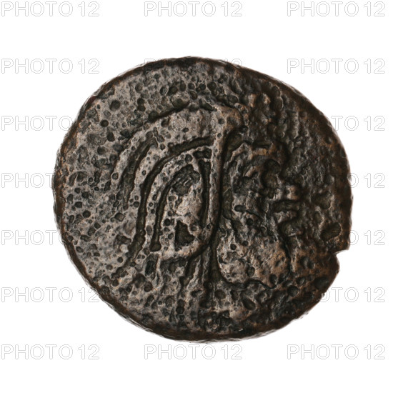 Bronze coin, Pantikapaion; protoma of a griffin (iconographic); head of a Satyr (iconographic); Black Sea region; Satyr (mythology), griffins, fish, sturgeons; Obverse: head of a bearded Satyr without a wreath to the right; Reverse: protoma of an eagle-headed griffin to the left, at the bottom a sturgeon to the left, letters on the sides and top; 330–315 BC; Cimmerian Bosporus, Pantikapaion; coin; weight 6.15 g; dimensions 20.5 mm and 22 mm.