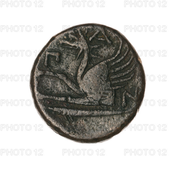 Bronze coin (330–315 BC) from Pantikapaion, Cimmerian Bosporus. Obverse: head of a bearded Satyr without a wreath facing right. Reverse: protoma of an eagle-headed griffin facing left, sturgeon at lower left, with letters at sides and top. Iconography: protoma of a griffin, head of a Satyr; mythological figures: Satyr, griffins; fish (sturgeons). Weight: 5.96 g. Diameter: 19.2–19.8 mm. Axis: 300°.