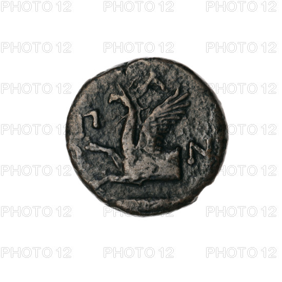 Bronze coin, Pantikapaion; obverse: head of bearded Satyr without wreath facing right; reverse: eagle-headed griffin protoma facing left, sturgeon at lower left, letters at sides and top; iconography: griffin protoma, Satyr head; mythological: Satyr, griffins; Black Sea region; Cimmerian Bosporus; dated 330–315 BC; weight 5.50 g; diameters 19.6 mm and 19.8 mm.