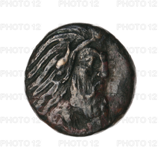 Bronze coin, Pantikapaion; obverse: head of a bearded Satyr without a wreath facing right; reverse: protoma of an eagle-headed griffin facing left, with a sturgeon below left and letters at sides and top. Iconography: protoma of a griffin, head of a Satyr; subjects: Satyr (mythology), griffins, fish, sturgeons. Date: 330–315 BC. Place: Cimmerian Bosporus, Pantikapaion. Coin type: bronze, weight 5.24 g, axis 270°, dimensions approx. 20 × 19.6 mm. Maker/attribution: Pantikapaion.