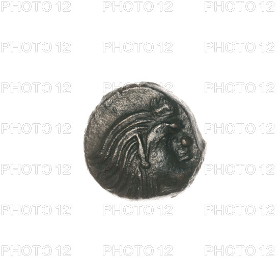 Bronze coin, Pantikapaion; obverse: head of beardless Satyr facing right; reverse: protome of Pegasus facing right with letters on the sides and at the top. Iconography: protoma of Pegasus, head of Satyr. Mythology: Satyr, Pegasus. Date: 330–315 BC. Region: Cimmerian Bosporus (Pantikapaion). Coin. Weight: 2.49 g. Dimensions: 14.8 mm × 14.4 mm.