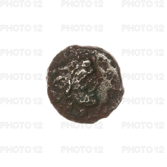 Bronze coin, Pantikapaion; obverse: head of beardless Satyr to the right; reverse: protoma of Pegasus to the right, letters on the sides and at the top; iconography: protoma of Pegasus, head of Satyr; mythology: Satyr, Pegasus; date: 330–315 BC; region: Cimmerian Bosporus (Pantikapaion); weight 2.44 g; dimensions 15.2 mm × 15.5 mm.