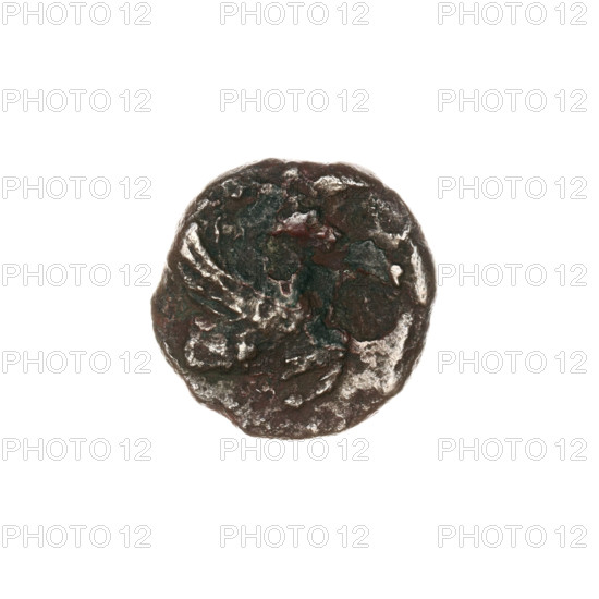 Bronze coin, Pantikapaion; obverse: head of beardless Satyr to the right; reverse: protoma of Pegasus to the right, letters on the sides and at the top; iconography: protoma of Pegasus, head of Satyr; mythology: Satyr, Pegasus; dating: 330–315 BC; region: Cimmerian Bosporus, Pantikapaion; function: coin; weight 2.44 g; dimensions: 15.2 mm and 15.5 mm.