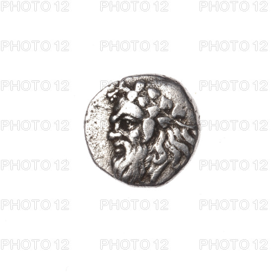 diobol, Pantikapaion, Satyr's head (iconographic), ram's head (iconographic), Black Sea, Satyr (mythology), animals, rams, head of a bearded Satyr in an ivy wreath to the left; rw: ram's head to the left, inscription below it; 340 - 330 BC, Cimmerian Bosporus, Pantikapaion, coin, weight 1.93 g, axis 60 degrees, dimension 1 12.3 mm, dimension 2 12.5 mm