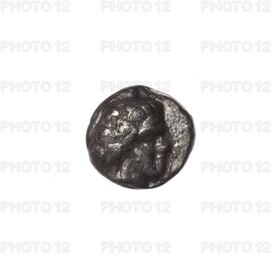 Obol, Pantikapaion; obverse: head of a beardless Satyr in a willow wreath facing right; reverse: lion protoma with head turned back facing right, laurel branch on the left, inscription in the cut. Iconography: lion protoma, Satyr's head, laurel branches. Subject: Satyr (mythology), lions, animals. Date: 340–330 BC. Place: Cimmerian Bosporus, Pantikapaion. Medium/object: coin (weight 0.77 g; axis 120°; dimensions 9.2 × 9.6 mm). Maker: Terlecki, Ignacy (1860–1916).