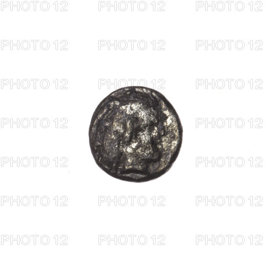 Obol, Pantikapaion; obverse: head of a beardless Satyr in a willow wreath facing right; reverse: lion protoma with head turned back facing right, laurel branch on the left, inscription in the cut. Iconography: laurel branches, lion protoma, Satyr's head; subjects: Satyr (mythology), lions, animals. Date: 340–330 BC. Region: Cimmerian Bosporus, Pantikapaion. Object type: coin. Weight: 0.65 g. Axis: 270°. Dimensions: 8.9 mm × 8.7 mm.