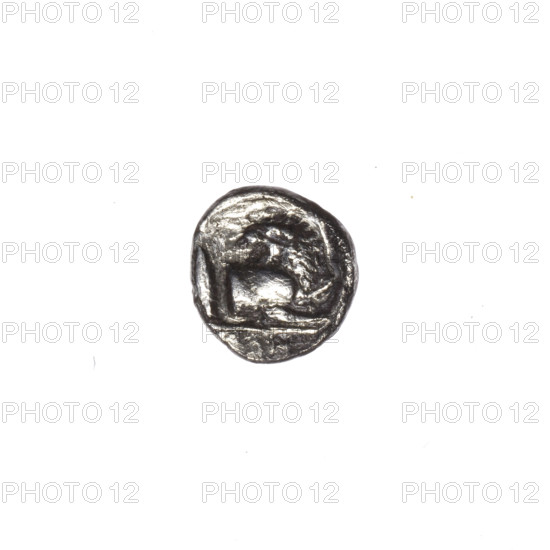 hemiobol, Pantikapaion, grains, lion protoma (iconographic), Satyr's head (iconographic), Satyr (mythology), lions, animals, plants; obverse: head of a beardless Satyr without a wreath to the right; reverse: lion protoma with the head turned back to the right, grain on the left, inscription in the cut; 340–330 BC, Cimmerian Bosporus, Pantikapaion; coin, weight 0.38 g, axis 270°, dimensions 7.6 × 7.5 mm