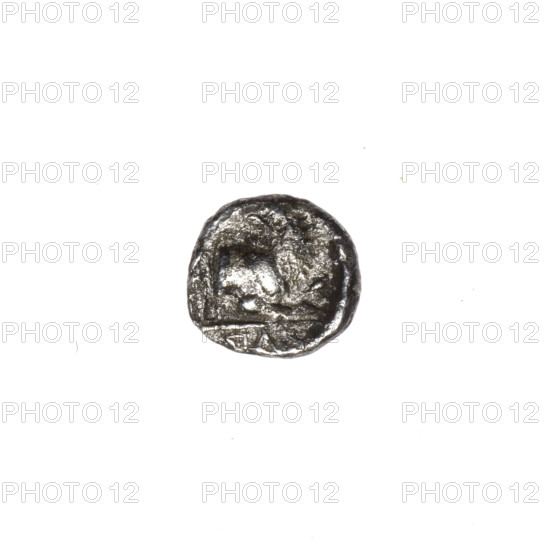 hemiobol, Pantikapaion, lion protoma (iconographic), grains, Satyr's head (iconographic), Satyr (mythology), lions, animals, plants, head of a beardless Satyr without a wreath to the right; rw: lion protoma with the head turned back to the right, grain on the left, inscription in the cut; 340–330 BC, Cimmerian Bosporus, Pantikapaion, coin, weight 0.33 g, axis 300°, diameter 7.7 mm × 7.4 mm