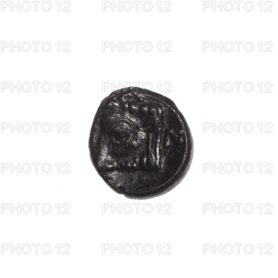 Bronze coin, Pantikapaion; obverse: head of beardless Satyr to the right; reverse: bull's head to the left, letters on the sides and at the top; iconography: Satyr's head, bull's head; subjects: Satyr (mythology), bulls, animals; Cimmerian Bosporus, Pantikapaion; dated 340–330 BC; coin; weight 1.17 g; axis 330°; dimensions 10.2 mm and 11.1 mm.