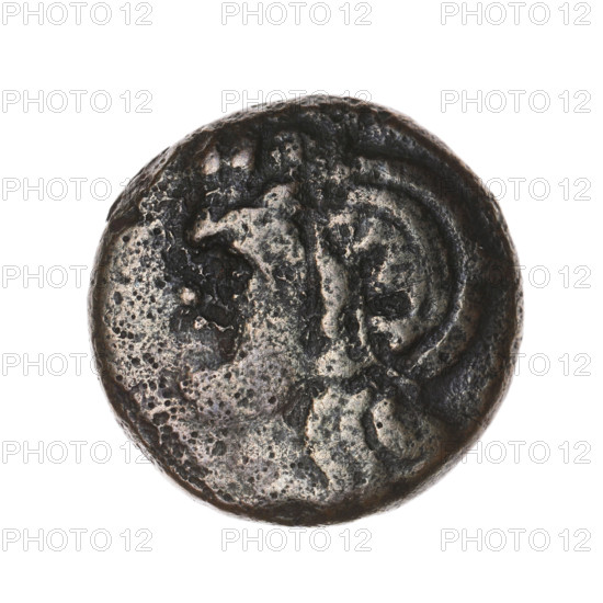 Bronze coin, Pantikapaion; obv.: head of a beardless Satyr in an ivy wreath to the left; rev.: lion's head to the left, below it a sturgeon to the left, letters at the top and sides. Iconography: Satyr's head, lion's head; animals, fish, sturgeons. Date: 315–300 BC. Region: Cimmerian Bosporus, Pantikapaion. Medium: coin; weight 7.05 g; axis 330°; dimensions 20.3 × 20.4 mm.
