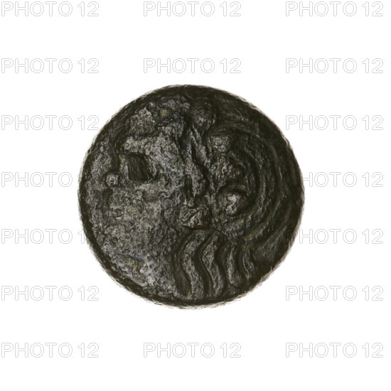 Bronze coin, Pantikapaion; obverse: head of a beardless Satyr in an ivy wreath facing left; reverse: lion head to the left, below it a sturgeon to the left, letters at the top and sides. Iconography: Satyr head, lion head, animals, fish (sturgeon). Circa 315–300 BC, Cimmerian Bosporus. Weight 6.80 g; diameter ~18.5–18.6 mm.