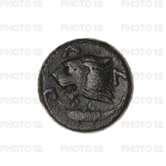 Bronze coin (315–300 BC) from Pantikapaion, Cimmerian Bosporus. Obverse: head of a beardless Satyr in an ivy wreath facing left. Reverse: lion head left; below it a sturgeon left; letters at top and sides. Iconography: Satyr, lion head, animals, fish (sturgeons). Weight 6.80 g; diameters 18.5 mm and 18.6 mm.