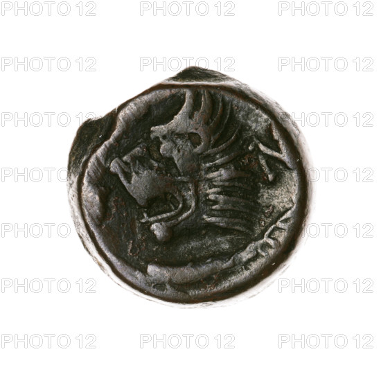 Bronze coin, Pantikapaion, obverse: head of a beardless satyr in an ivy wreath facing left; reverse: lion head left, below it a sturgeon left, letters at top and sides. Iconography: satyr's head, lion head, animals, fish (sturgeon). Culture/region: Cimmerian Bosporus, Pantikapaion (Black Sea). Date: 315–300 BC. Material: bronze. Function: coin. Weight: 6.62 g. Diameter: 18.2–18.8 mm. Axis: 330°. Maker/attribution: Pantikapaion.