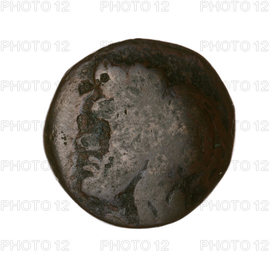 Bronze coin, Pantikapaion; obv.: head of a beardless Satyr in an ivy wreath facing left; rev.: lion head to the left, below it a sturgeon to the left, letters at the top and sides. Iconography: Satyr, lion, fish (sturgeon). Circa 315–300 BC. Cimmerian Bosporus (Pantikapaion). Weight 6.43 g; dimensions ~19.7–20 mm.