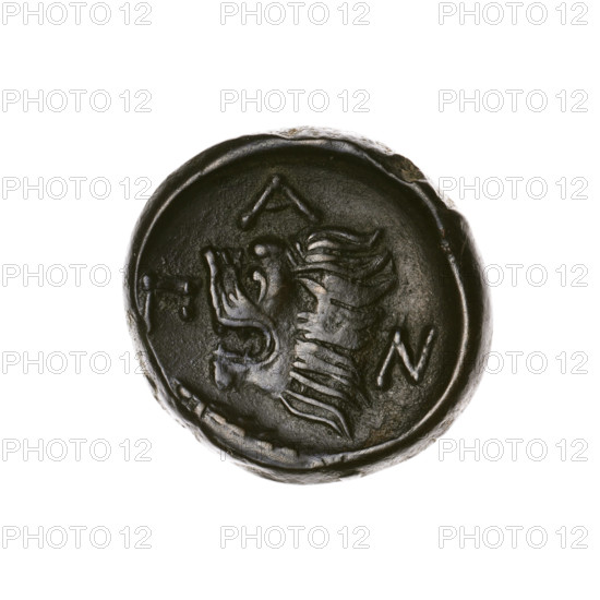 bronze coin, Pantikapaion; obverse: head of a beardless Satyr in an ivy wreath facing left; reverse: lion's head facing left with a sturgeon below facing left; inscribed letters at top and sides; iconography: Satyr's head, lion's head, lions, animals, fish, sturgeons; date: 315–300 BC; region: Cimmerian Bosporus, Pantikapaion; weight 6.35 g; axis 330°; dimensions 20 mm × 21.5 mm; maker/date: Ignacy Terlecki (1860–1916)