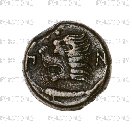Bronze coin, Pantikapaion; obverse: head of a beardless satyr in an ivy wreath facing left; reverse: lion head left, below it a sturgeon left, letters at top and sides. Iconography: satyr's head, lion head; motifs: satyr (mythology), lions, animals, fish, sturgeons. Date: 315–300 BC. Region: Cimmerian Bosporus, Pantikapaion. Coin. Weight: 6.34 g. Axis: 330°. Diameter: 19.3 mm.