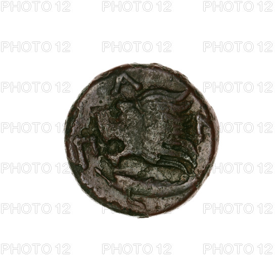 bronze coin, Pantikapaion; obverse: head of a beardless Satyr in an ivy wreath facing left; reverse: lion head left, tuna (fish) under it left, letters at top and sides; iconography: Satyr's head, lion head, animals, fish (sturgeons); Satyr (mythology); dated 315–300 BC; Cimmerian Bosporus (Pantikapaion); weight 6.00 g; diameter ~19.1 × 19 mm