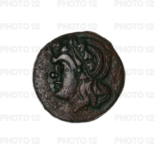 bronze coin, Pantikapaion; obv.: head of a beardless Satyr in an ivy wreath facing left; rev.: lion head left, below it a sturgeon left, letters at top and sides; iconography: Satyr's head, lion head, animals, fish (sturgeons); Satyr (mythology); 315–300 BC; Cimmerian Bosporus, Pantikapaion; coin; weight 5.30 g; axis 330°; dimensions 20.2 × 21.2 mm; maker/date: 315–300 BC.