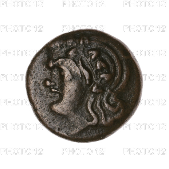Bronze coin, Pantikapaion; obverse: head of a beardless Satyr in an ivy wreath facing left; reverse: lion head left, below it a sturgeon left, letters at top and sides. Iconography: Satyr, lion, fish (sturgeon). Date: 315–300 BC. Place: Cimmerian Bosporus, Pantikapaion. Coin; weight 5.30 g; axis 330°; dimensions 19.1 × 19.7 mm.
