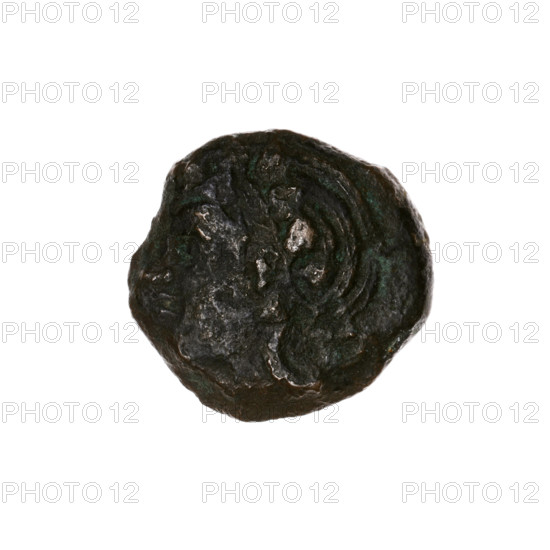 Bronze coin, Pantikapaion; obverse: head of a beardless Satyr in an ivy wreath facing left; reverse: lion head left with a sturgeon below left; letters at top and sides. Iconography: Satyr head, lion head; animals: lions, fish (sturgeons). Date: 315–300 BC. Region: Cimmerian Bosporus, Pantikapaion. Coin; weight 4.05 g; diameter 18 mm.
