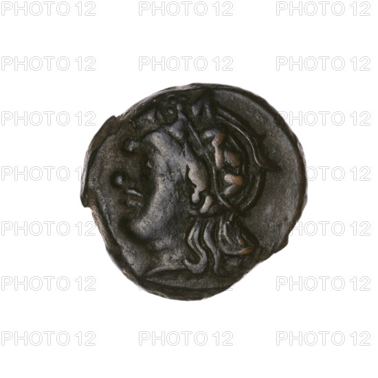 bronze coin, Pantikapaion, lion head (iconographic), Satyr's head (iconographic), Satyr (mythology), lions, animals, fish, sturgeons; obv.: head of a beardless Satyr in an ivy wreath to the left; rev.: lion head to the left, below it a sturgeon to the left, letters at the top and sides; 315–300 BC, Cimmerian Bosporus, Pantikapaion; coin; weight 5.25 g; axis 330°; diameters 20.5 mm and 21.4 mm