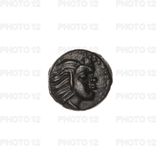 bronze coin, Pantikapaion, bow in quiver (iconographic), head of Satyr (iconographic), quivers (armed), Black Sea, Satyr (mythology), gorytos (armed), weapon (iconographic), bows (armed), aw: head of beardless Satyr to the right, pearl rim; rw: bow in quiver to the right, inscription at the top and bottom; 330–315 BC, Cimmerian Bosporus, Pantikapaion, coin, weight 1.85 g, axis 270 degrees, dimension 1 11.7 mm, dimension 2 12.2 mm