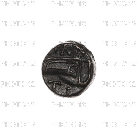 bronze coin, Pantikapaion; obverse: head of beardless Satyr to the right, pearl rim; reverse: bow in quiver to the right, inscription at top and bottom; iconography: bow in quiver, head of Satyr, quivers, gorytos, weapon(s), bows; genre/myth: Satyr (mythology); date: 330–315 BC; region: Cimmerian Bosporus, Pantikapaion; material: bronze; object type: coin; weight: 1.85 g; axis: 270°; dimensions: 11.7 × 12.2 mm