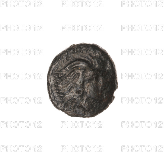 bronze coin, Pantikapaion; aw: head of beardless Satyr to the right, pearl rim; rw: bow in quiver to the right, inscription at the top and bottom; iconography: bow in quiver, head of Satyr, quivers, bows, weapons, armament, gorytos; Satyr (mythology); 330–315 BC; Cimmerian Bosporus, Pantikapaion; coin; weight 1.63 g; axis 270°; dimensions 13.6 × 12.8 mm