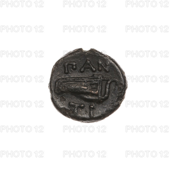 bronze coin, Pantikapaion, bow in quiver (iconographic), head of Satyr (iconographic), quivers (armed), Black Sea, Satyr (mythology), bows (armed), weapons (iconographic), armament (iconographic), gorytos (armed), aw: head of beardless Satyr to the right, pearl rim; rw: bow in quiver to the right, inscription at the top and bottom; 330–315 BC, Cimmerian Bosporus, Pantikapaion, coin, weight 1.63 g, axis 270 degrees, dimension 1 13.6 mm, dimension 2 12.8 mm