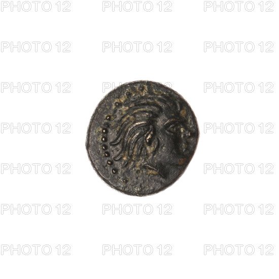 bronze coin, Pantikapaion; aw: head of beardless Satyr to the right, pearl rim; rw: bow in quiver to the right, inscription at the top and bottom; 330–315 BC; Cimmerian Bosporus, Pantikapaion; Satyr (mythology); iconography: bow in quiver, head of Satyr, quivers, bows, weapons, armament, gorytos; coin; weight 1.60 g; diameters 12.4 mm and 12.2 mm