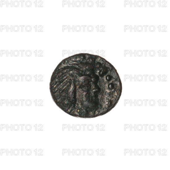 bronze coin, Pantikapaion; obverse: head of beardless Satyr to the right, pearl rim; reverse: bow in quiver to the right, inscription at the top and bottom; iconography: bow in quiver, head of Satyr, quivers, gorytos, bows, weapons, armament; Satyr (mythology); date: 330–315 BC; region: Cimmerian Bosporus, Pantikapaion; coin; weight 1.15 g; axis 270°; dimensions: 11.4 × 12.7 mm; maker/date attribution: ca. 330–315 BC.