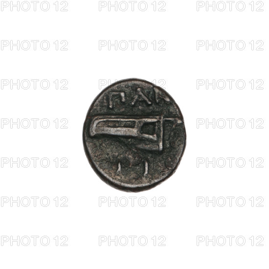 bronze coin, Pantikapaion, bow in quiver (iconographic), head of Satyr (iconographic), quivers (armed), Black Sea, Satyr (mythology), bows (armed), weapons (iconographic), armament (iconographic), gorytos (armed); aw: head of beardless Satyr to the right, pearl rim; rw: bow in quiver to the right, inscription at the top and bottom; 330–315 BC, Cimmerian Bosporus, Pantikapaion; coin, weight 1.15 g, axis 270°, dimensions 11.4 × 12.7 mm