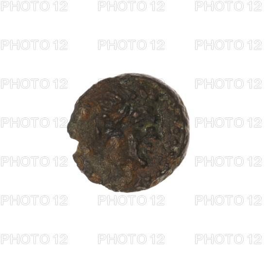 bronze coin, Pantikapaion; aw: head of beardless Satyr to the right, pearl rim; rw: bow in quiver to the right, inscription at the top and bottom; 330–315 BC; Cimmerian Bosporus, Pantikapaion; iconography: bow in quiver, head of Satyr, quivers, Satyr (mythology), bows, weapons, armament, gorytos; coin; weight 0.92 g; dimensions 11.5 mm × 11.6 mm.