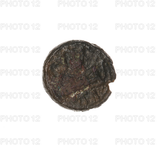bronze coin, Pantikapaion; aw: head of beardless Satyr to the right, pearl rim; rw: bow in quiver to the right, inscription at the top and bottom; iconography: bow in quiver, head of Satyr, quivers, Satyr (mythology), bows, weapons, armament, gorytos; maker: Terlecki, Ignacy (1860-1916); date: 330–315 BC; region: Cimmerian Bosporus, Pantikapaion; object type: coin; weight: 0.92 g; dimensions: 11.5 mm × 11.6 mm