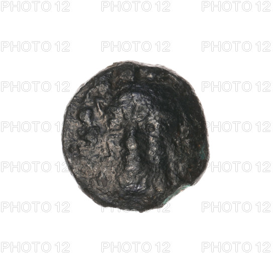 Triobol (subaerate?), Pantikapaion; obverse: head of a beardless Satyr in a willow wreath 3/4 to the left; reverse: lion head with a gaping mouth straight, inscription at the bottom; Satyr (mythology), lions, animals; 315–300 BC; Cimmerian Bosporus, Pantikapaion; coin (subaerate?); weight 2.05 g; axis 150°; dimensions 13.1 × 13.3 mm.