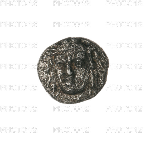 triobol, Pantikapaion, lion head (iconographic), Satyr's head (iconographic), Black Sea, Satyr (mythology), lions, animals, head of a beardless Satyr in a willow wreath 3/4 to the left; rw: lion head with a gaping mouth straight, inscription at the bottom; 315–300 BC, Cimmerian Bosporus, Pantikapaion, coin, weight 2.22 g, axis 150 degrees, dimension 1 13.3 mm, dimension 2 14.5 mm