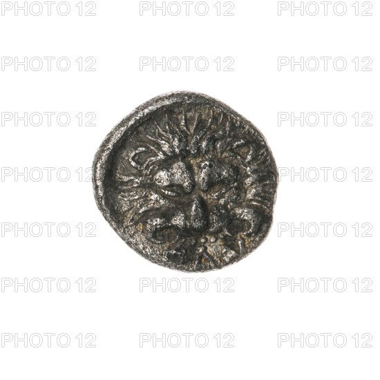 triobol, Pantikapaion, lion head (iconographic), Satyr's head (iconographic), Black Sea, Satyr (mythology), lions, animals, head of a beardless Satyr in a willow wreath 3/4 to the left; reverse: lion head with a gaping mouth straight, inscription at the bottom; 315–300 BC, Cimmerian Bosporus, Pantikapaion, coin, weight 2.22 g, axis 150 degrees, dimensions 13.3 × 14.5 mm