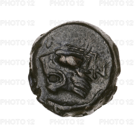 Bronze coin, Pantikapaion, head of a beardless Satyr in an ivy wreath facing left, with a twelve-pointed countermark on it (star) on obverse; reverse: lion head with open mouth facing left, sturgeon below facing left, letters on the sides and at the top, countermark on the head (arch in the quiver). Iconography: Satyr's head, lion head, sturgeons, fish, bows and quivers (gorytos), weapons/armament, twelve-pointed star countermark, stars. Early 3rd century BC, Cimmerian Bosporus, Pantikapaion. Coin; bronze; weight 6.95 g; axis 300°; diameters 19.6 mm × 20.2 mm.